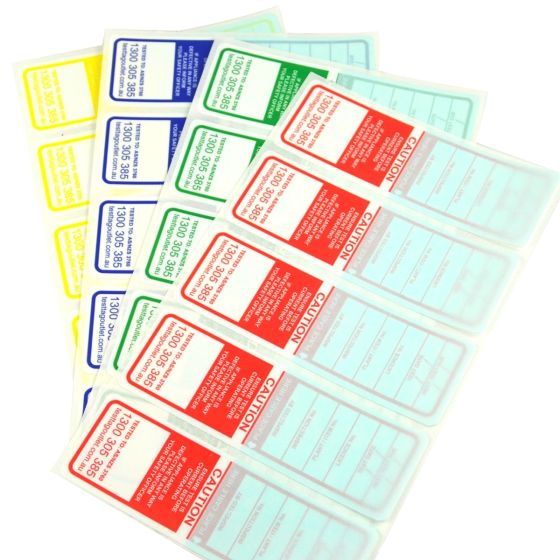 Printed Water proof Multi-Colour pack (Red, Green Blue, Yellow) Electrical Test Tags for VIC, QLD, SA, WA and TAS that is 100% Australian made and complies with AS/NZS 3760 standards.