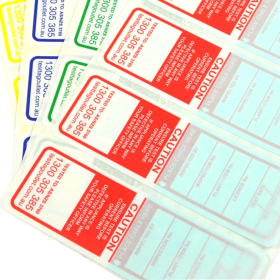 Multi-Colour pack (Red, Green Blue, Yellow) Electrical Test Tags for VIC, QLD, SA, WA and TAS that complies with AS/NZS 3760 standards.