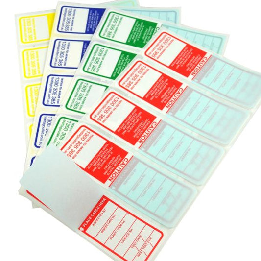 Multi-Colour pack (Red, Green Blue, Yellow) Electrical Test Tags for VIC, QLD, SA, WA and TAS