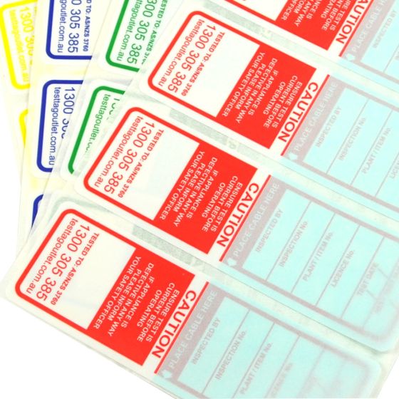 Multi-Colour pack (Red, Green Blue, Yellow) Electrical Test Tags for VIC, QLD, SA, WA and TAS that complies with AS/NZS 3760 standards.  